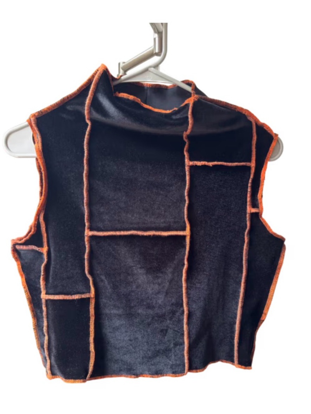 Wonky Vintage Black and Orange Velour Patchwork Tank Top, size small